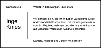 Traueranzeige von Inge Knies von Gmünder Tagespost