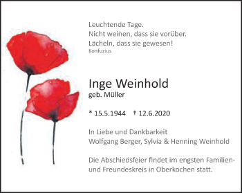 Traueranzeige von Inge Weinhold von Schwäbische Post