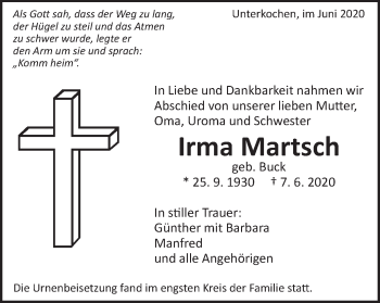 Traueranzeige von Irma Martsch von Schwäbische Post