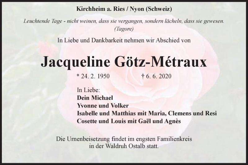  Traueranzeige für Jacqueline Götz-Métraux vom 10.06.2020 aus Schwäbische Post