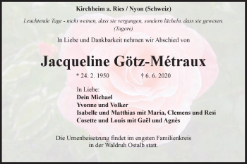 Traueranzeige von Jacqueline Götz-Métraux von Schwäbische Post