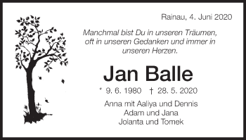 Traueranzeige von Jan Balle von Schwäbische Post