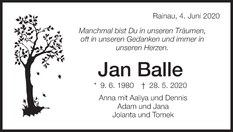  Traueranzeige für Jan Balle vom 04.06.2020 aus Schwäbische Post