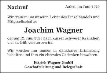 Traueranzeige von Joachim Wagner von Schwäbische Post