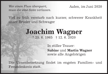 Traueranzeige von Joachim Wagner von Schwäbische Post