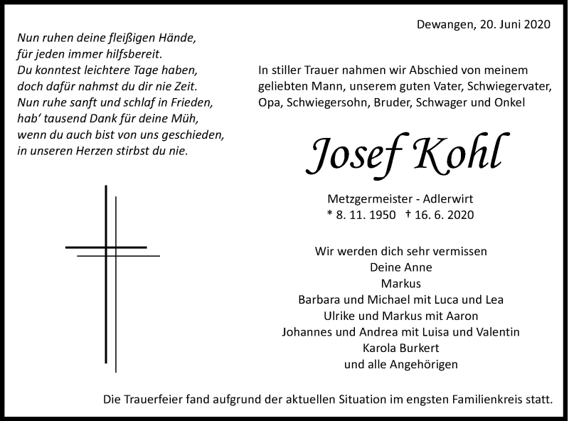 Traueranzeige für Josef Kohl vom 20.06.2020 aus Schwäbische Post