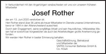 Traueranzeige von Josef Rother von Schwäbische Post