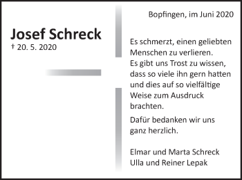 Traueranzeige von Josef Schreck von Bopfinger Stadtanzeiger