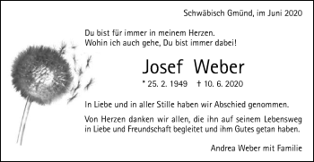 Traueranzeige von Josef Weber von Gmünder Tagespost