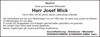Traueranzeige von Josef Wick von Schwäbische Post
