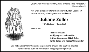 Traueranzeige von Juliane Zoller von Gmünder Tagespost