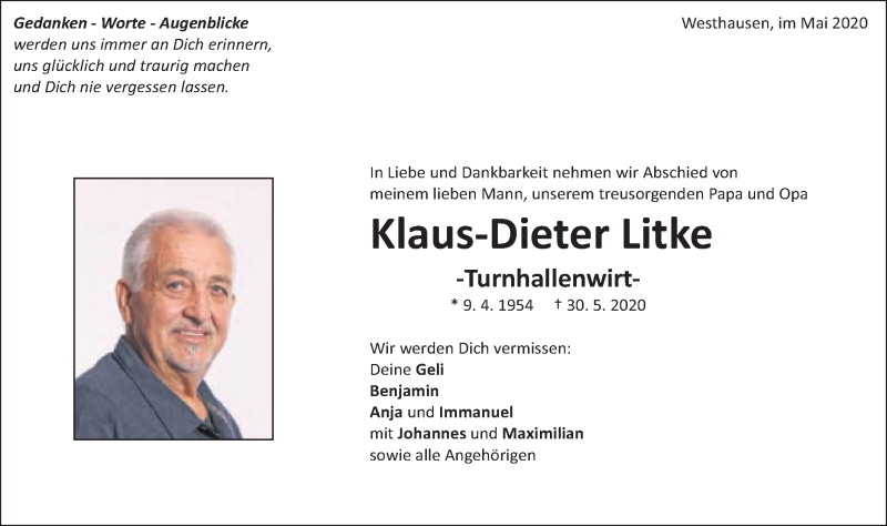  Traueranzeige für Klaus-Dieter Litke vom 03.06.2020 aus Schwäbische Post