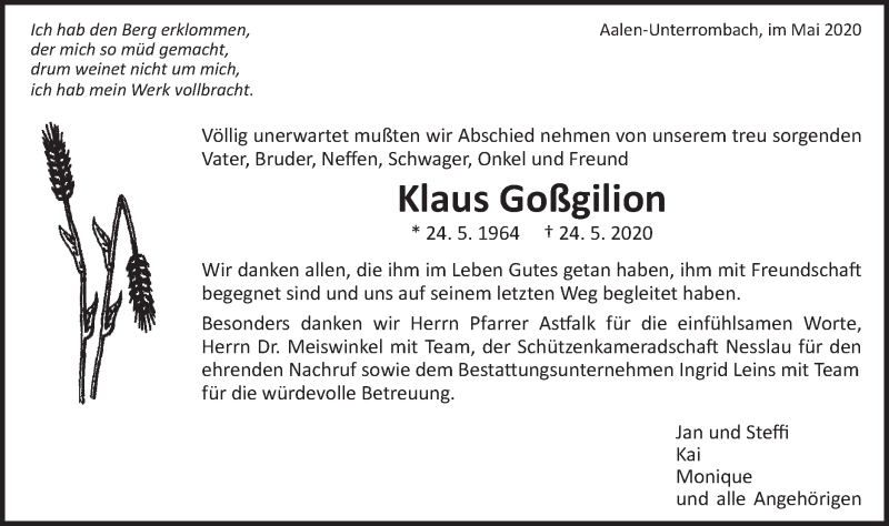  Traueranzeige für Klaus Goßgilion vom 03.06.2020 aus Schwäbische Post