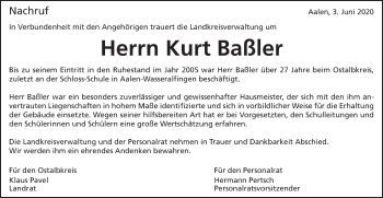 Traueranzeige von Kurt Baßler von Schwäbische Post