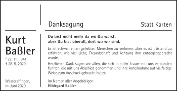 Traueranzeige von Kurt Baßler von Schwäbische Post