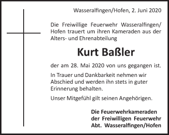 Traueranzeige von Kurt Baßler von Schwäbische Post