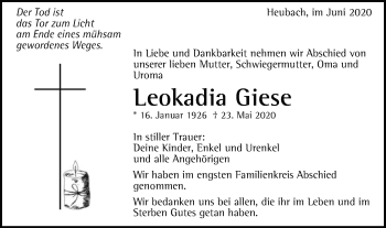 Traueranzeige von Leokadia Giese von Gmünder Tagespost