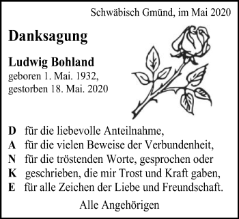 Traueranzeige von Ludwig Bohland von Gmünder Tagespost
