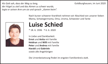 Traueranzeige von Luise Schied von Schwäbische Post
