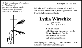 Traueranzeige von Lydia Wirschke von Gmünder Tagespost