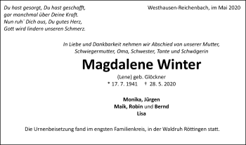 Traueranzeige von Magdalene Winter von Schwäbische Post