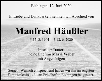 Traueranzeige von Manfred Häußler von Schwäbische Post