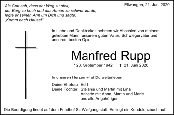 Traueranzeige von Manfred Rupp von Schwäbische Post