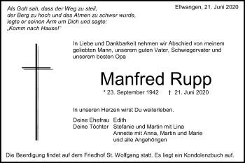 Traueranzeige von Manfred Rupp