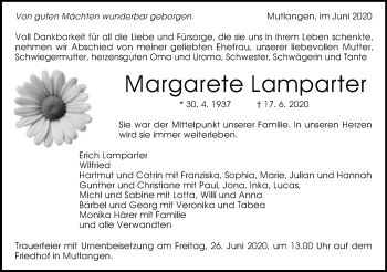 Traueranzeige von Margarete Lamparter von Gmünder Tagespost