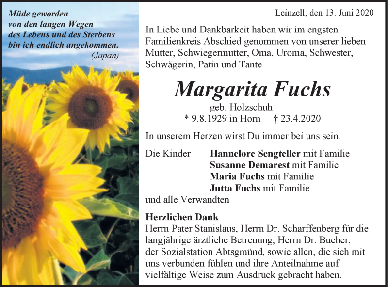  Traueranzeige für Margarita Fuchs vom 13.06.2020 aus Gmünder Tagespost