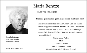 Traueranzeige von Maria Bencze von Schwäbische Post
