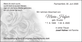 Traueranzeige von Maria Hafner von Schwäbische Post