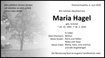 Traueranzeige von Maria Hagel von Schwäbische Post