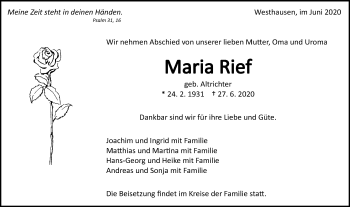 Traueranzeige von Maria Rief von Schwäbische Post