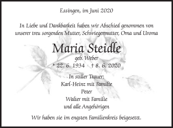 Traueranzeige von Maria Steidle von Schwäbische Post