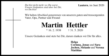 Traueranzeige von Martin Hettler von Gmünder Tagespost