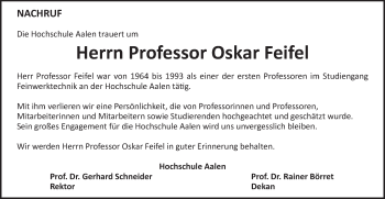 Traueranzeige von Oskar Feifel von Schwäbische Post