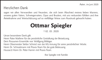 Traueranzeige von Ottmar Spiegler von Schwäbische Post