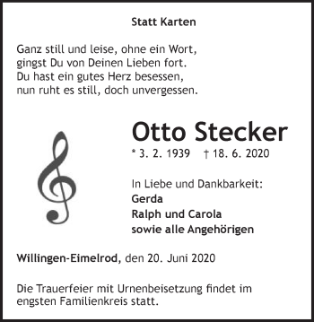 Traueranzeige von Otto Stecker von Gmünder Tagespost