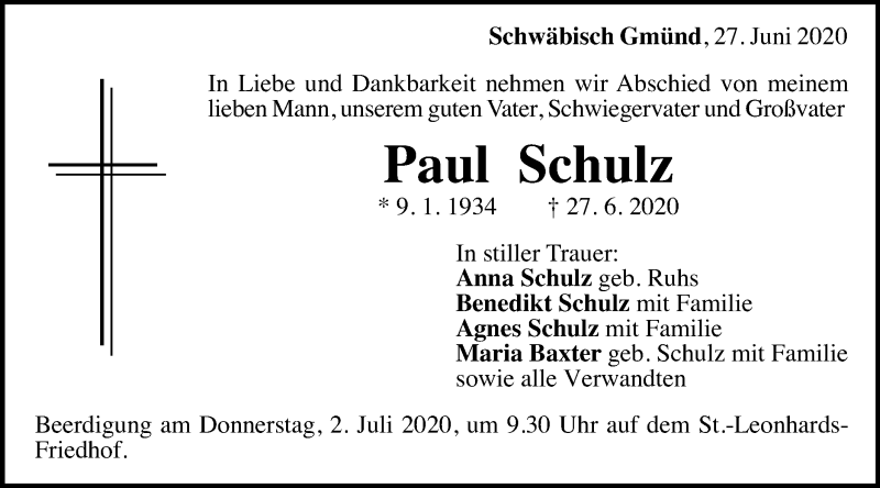  Traueranzeige für Paul Schulz vom 30.06.2020 aus Gmünder Tagespost