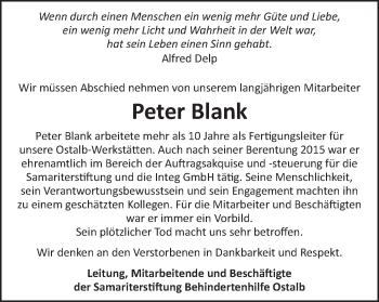 Traueranzeige von Peter Blank von Schwäbische Post