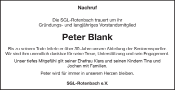 Traueranzeige von Peter Blank von Schwäbische Post