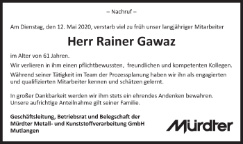 Traueranzeige von Rainer Gawaz von Gmünder Tagespost
