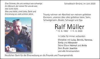 Traueranzeige von Ralf Müller von Gmünder Tagespost