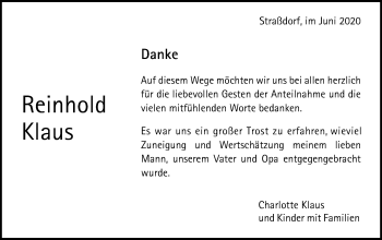Traueranzeige von Reinhold Klaus von Gmünder Tagespost