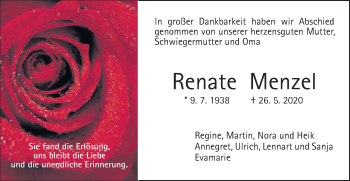 Traueranzeige von Renate Menzel