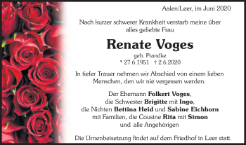 Traueranzeige von Renate Voges von Schwäbische Post