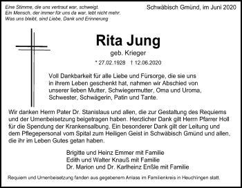 Traueranzeige von Rita Jung von Gmünder Tagespost