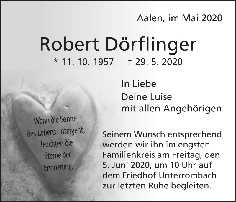  Traueranzeige für Robert Dörflinger vom 04.06.2020 aus Schwäbische Post