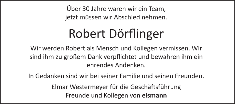  Traueranzeige für Robert Dörflinger vom 05.06.2020 aus Schwäbische Post